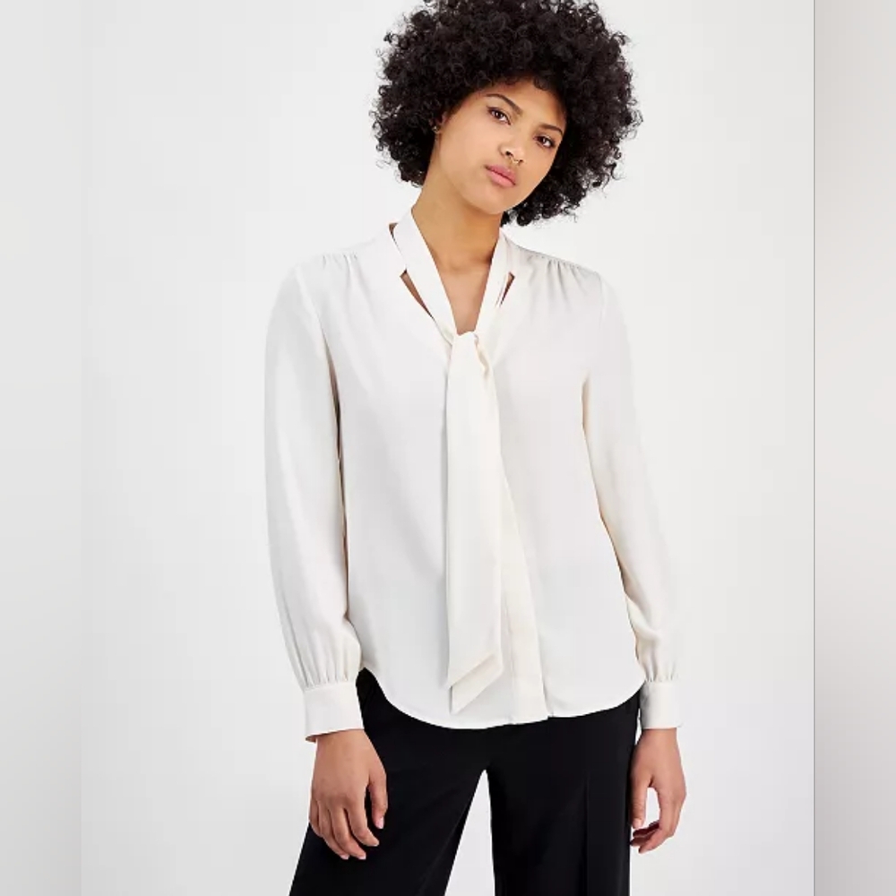 Bar III Women's Tie-Neck Sheer Long-Sleeve Blouse